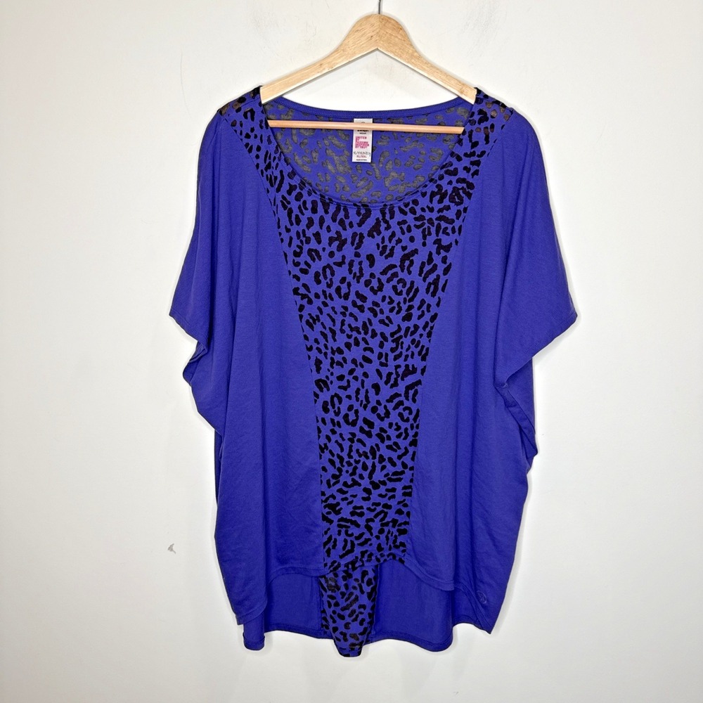 Zumba Wear Fitness Tunic Top Leopard Burnout Cap Sleeve Round Neck XL/XXL Purple
